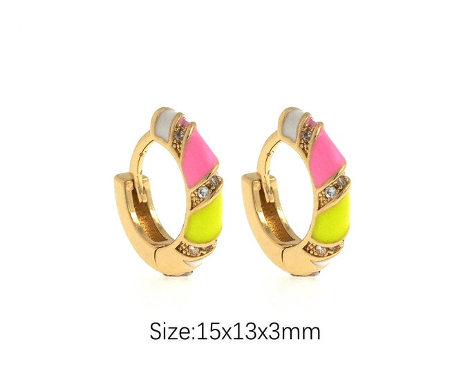 Enamel Hoops Charm, 18K Gold Filled Enamel Earrings, Round Earrings, Round Pierced Earrings, A Gift For Her, 15x13x3mm