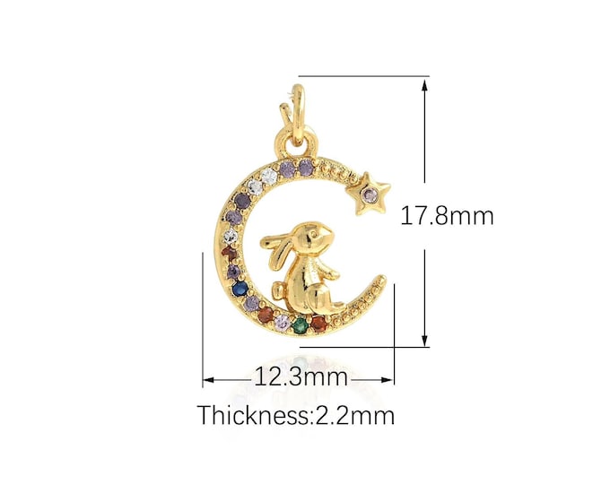 Moon Pendant, Micropavé CZ Crescent Charm, Rabbit Necklace, 18K Gold Filled Rabbit Charm, DIY Jewelry Supplies, 17.8x12.3x2.2mm