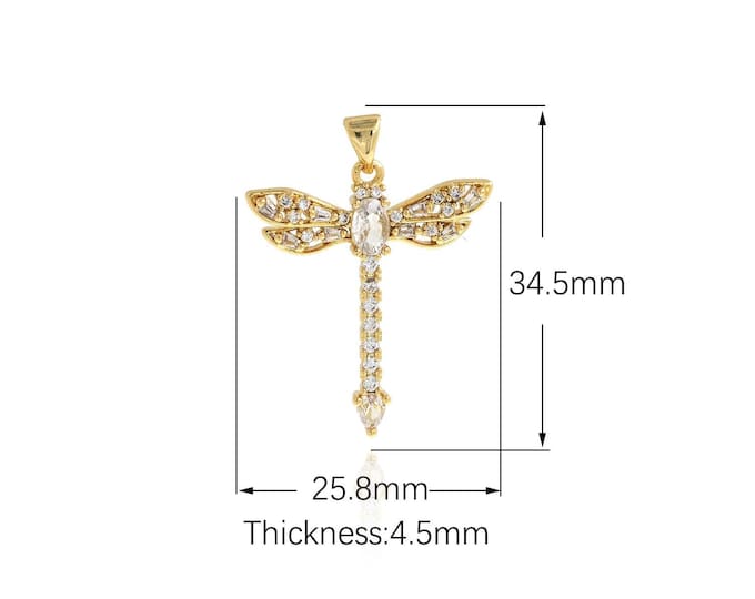 Insect Pendant, Micropavé CZ Dragonfly Necklace, 18K Gold Filled Dragonfly Charm, Insect Necklace, DIY Jewelry Supplies, 34.5x25.8x4.5mm