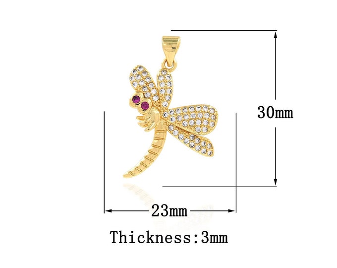 Insect Necklace, Micropavé CZ Dragonfly Necklace, 18K Gold Filled Dragonfly Charm, Insect Pendant, DIY Jewelry Supplies, 23x30x3mm