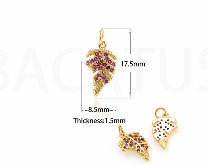 Leaf Necklace, Plant Pendant, 18K Gold Filled Leaf Charm, Micropavé CZ Plant Charm, DIY Jewelry Supplies, 8.5x17.5x1.6mm