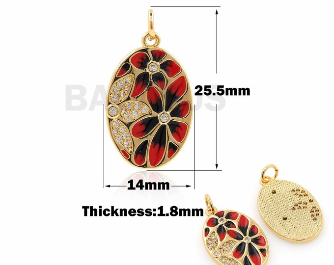 Enamel Flower Pendant, 18K Gold Filled Oval Necklace, Micro-Pave CZ Flower Pendant, Red Enamel Charm, Medal Pendant, 25.5x14x1.8mm