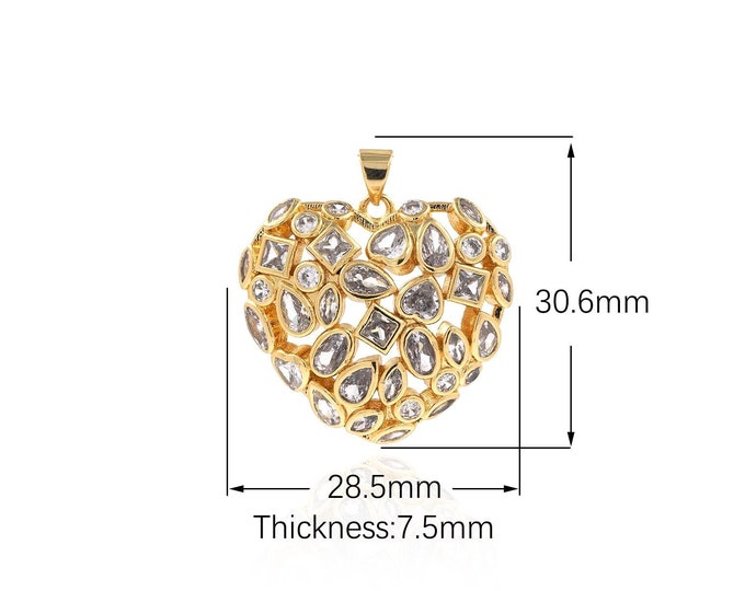 18K Gold Filled Love Pendant, Heart Pendant,Micropavé CZ Love Heart Charm, Dainty Charm, Gift For Her, DIY Jewelry Supplies, 30.6x28.5x7.5mm