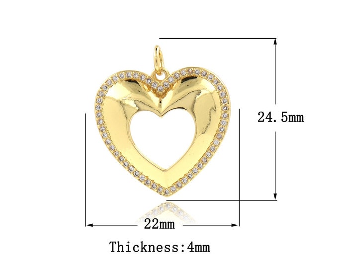 MicroPave CZ Hollow Heart Pendant 18K Gold Filled Love Charm,Cubic Zirconia Pendant DIY Jewelry Making Supplies,24.5x22x4mm