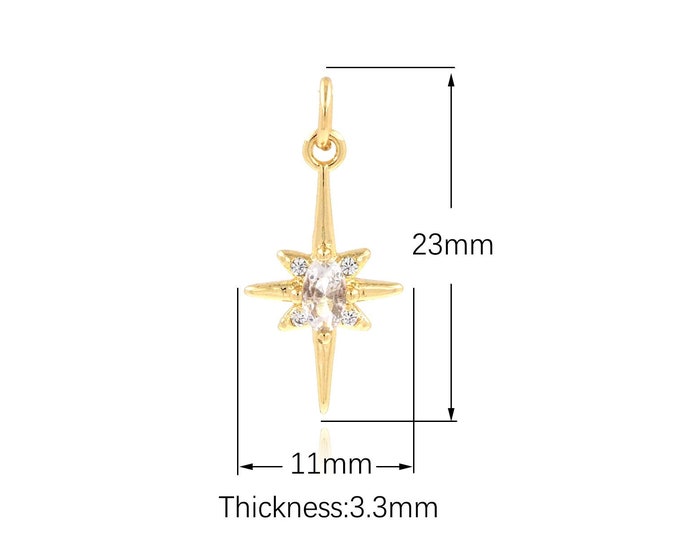 Polaris Charm, 18K Gold Filled Star Pendant, Micro Pave CZ Polaris Pendant, DIY Jewelry Supplies, 23X11X3.3mm
