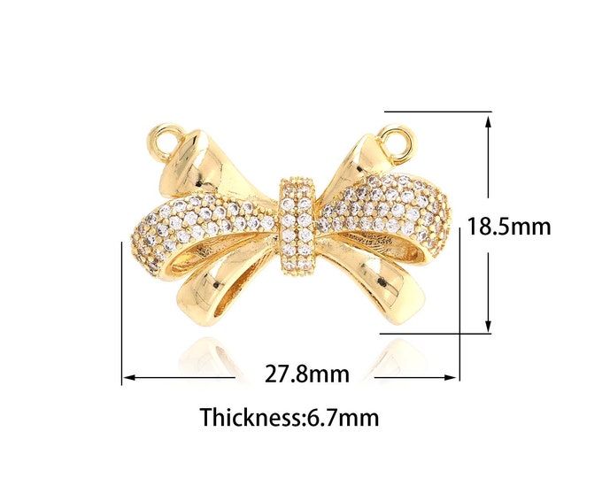 Bow Tie Charms, 18K Gold Filled Bow Pendant,Micropavé CZ Bow Necklace for DIY Jewelry Making Supplies,18.5x27.8x6.7mm