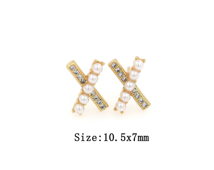 18K Gold Filled X Stud Earrings,Gold Pearl Stud Earrings,Pearl Stud Earrings,Gift for Her