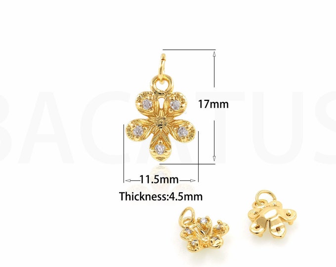 Micropavé CZ Floral Pendant, 18K Gold Filled Plant Charm, Flower Necklace, Floral Charms, DIY Jewelry Supplies, 11.5x17x4.5mm