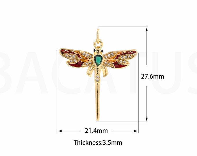 18K Gold Filled Dragonfly Charm, Insect Pendant, Micropavé CZ Dragonfly Necklace, Insect Necklace, DIY Jewelry Supplies, 21.4x27.6x3.5mm