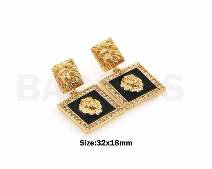 Lion Earrings,Micropavé CZ Rectangle Earrings,Boho Earrings, 18K Gold Filled Animal Earrings,Square Earrings,DIY Jewelry Supplies,32x18mm