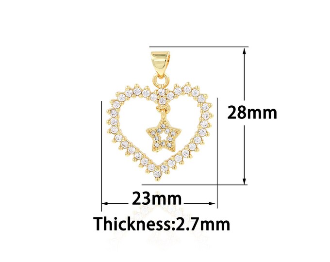 18K Gold Filled Heart Pendant,Gold Dainty Star Charms,CZ Heart Charm Bracelet Necklace for DIY Jewelry Making Supply