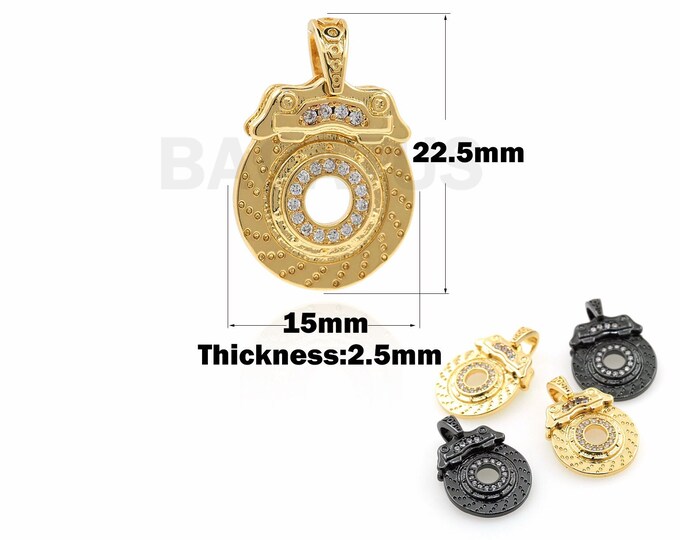 18K Gold Filled Disc Brake Pendant, Micropaved CZ Brake Necklace, Disc Brake Charm, Round Pendant, DIY Jewelry Accessories, 22.5x15x2.5mm