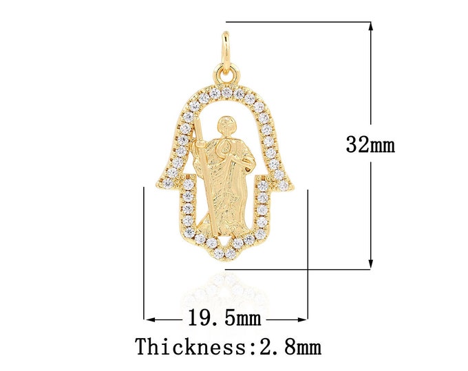 18K Gold Filled CZ Saint Jude Pendant,Gold Dainty St.Juda Charms,Hamsa Charm Bracelet Necklace for DIY Jewelry Making Supply