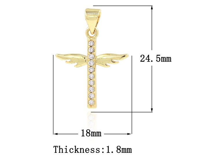 18K Gold Filled CZ Cross Pendant,Gold Dainty Religion Charms,Wings Charm Bracelet Necklace for DIY Jewelry Making Supply