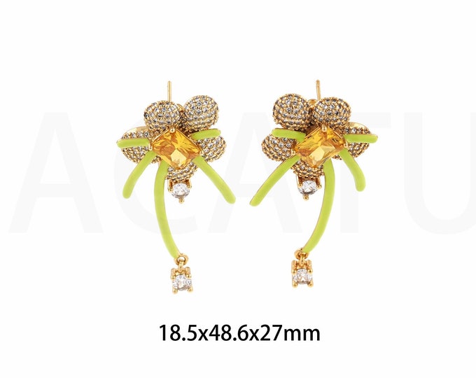 Flower Earrings, Enamel Earrings, 18K Gold Filled Boho Earrings, Enamel Charm, Micro Pave CZ Plant Earrings, 18.5x48.6x27mm