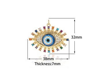 Micropavé CZ Emaille Augenanhänger, 18 K Gold gefüllte Augenhalskette, griechischer Augenanhänger, Augenanhänger, DIY Schmuckzubehör, 32x38x7mm