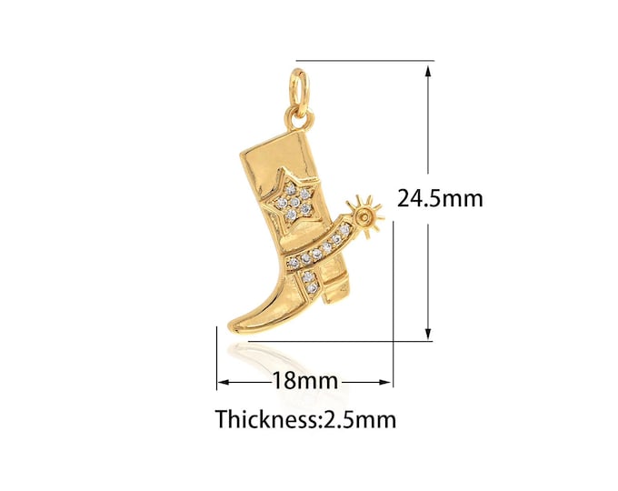 Boot Pendant, 18K Gold Filled Shoe Charm, Micro Pave CZ Cowboy Shoe Pendant, DIY Jewelry Supplies, 24.5x18x2.5mm
