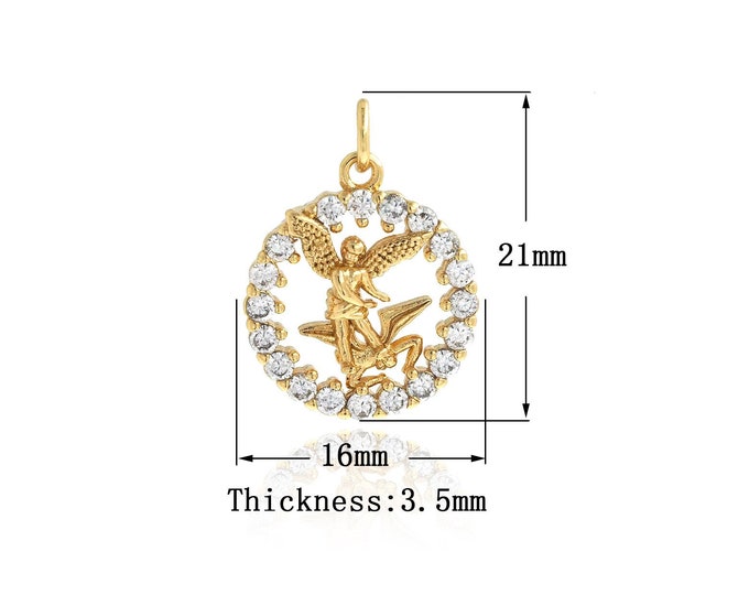 Angel Charm, 18K Gold Filled Round Charm, Micro Pave CZ Angel Pendant, DIY Jewelry Supplies, 21x16x3.5mm