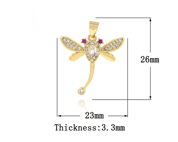 Micropavé CZ Dragonfly Necklace, 18K Gold Filled Dragonfly Charm, Insect Pendant, Insect Necklace, DIY Jewelry Supplies, 26x23x3.3mm