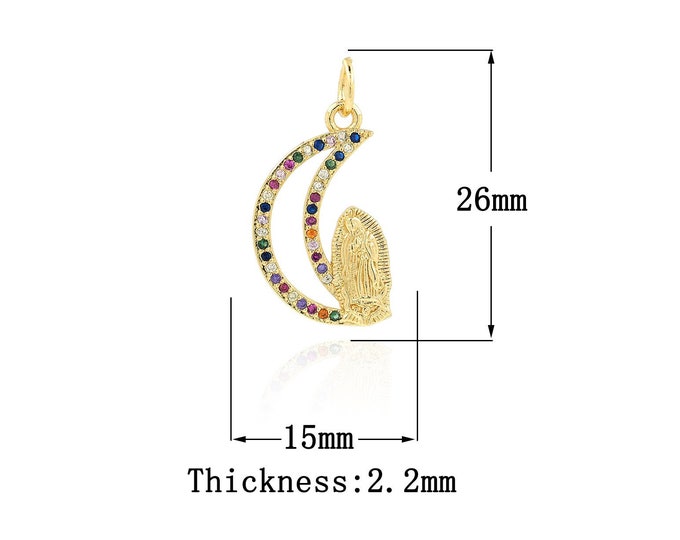 18K Gold Filled Virgin Mary Pendant,Gold Dainty Religion Charms,CZ Moon Charm Bracelet Necklace for DIY Jewelry Making Supply