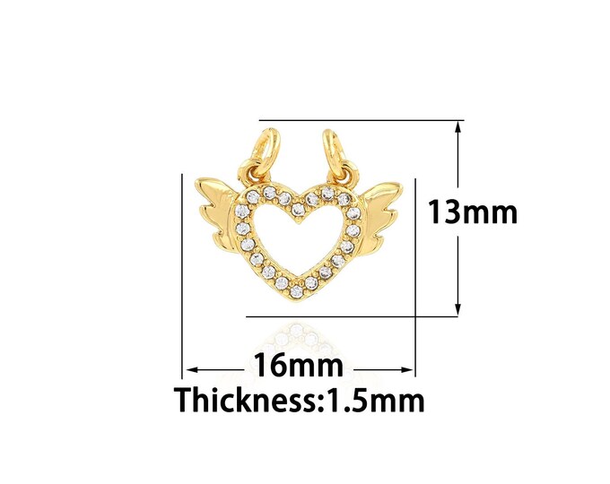 18K Gold Filled Heart Pendant,Gold Dainty Heart Charms,CZ Wings Charm Bracelet Necklace for DIY Jewelry Making Supply
