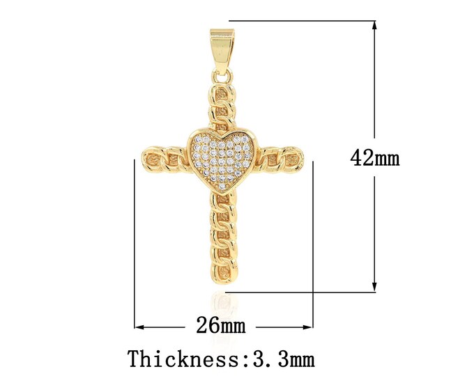 18K Gold Filled Cross Pendant,Gold Dainty CZ Religion Charms,Heart Charm Bracelet Necklace for DIY Jewelry Making Supply