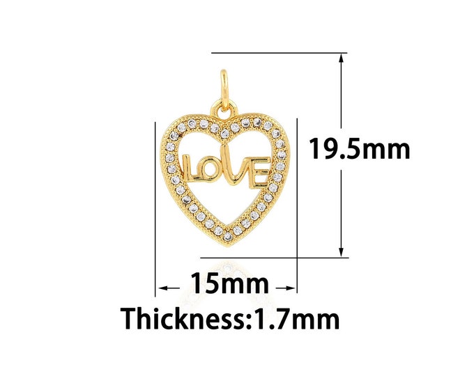 18K Gold Filled Heart Pendant,Gold Dainty LOVE Charms,CZ Heart  Charm Bracelet Necklace for DIY Jewelry Making Supply