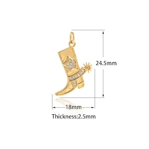 Ciondolo per stivale, ciondolo per scarpe riempito in oro 18 carati, ciondolo per scarpe da cowboy con micro pavé CZ, forniture di gioielli fai da te, 24,5x18x2,5 mm