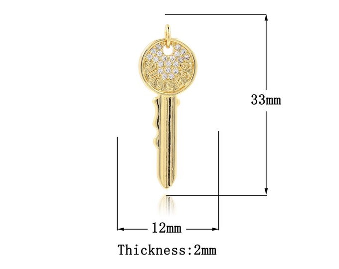 18K Gold Filled Simple pendant Micropavé CZ Key Pendant,Gold Dainty Key Charms,Bracelet Necklace for DIY Jewelry Making Supply,33x12x2mm