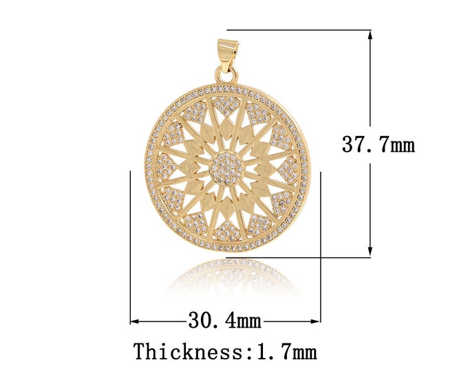 18K Gold Filled Sun Pendant,Gold Dainty round Charms,Sun Charm Bracelet Necklace for DIY Jewelry Making Supply,37.7x30.4x1.7mm