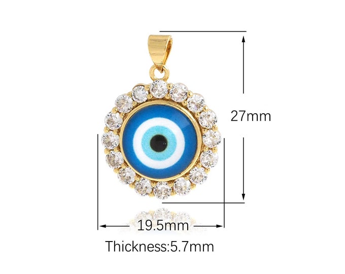 18K Gold Filled Devil Eye Pendant,Micropavé CZ Gold Dainty Round Charms,Bracelet Necklace for DIY Jewelry Making Supply
