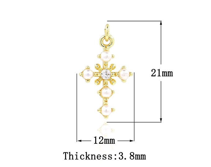 18K Gold Filled CZ Cross Pendant,Gold Dainty Religion Charms,Pearl Charm Bracelet Necklace for DIY Jewelry Making Supply