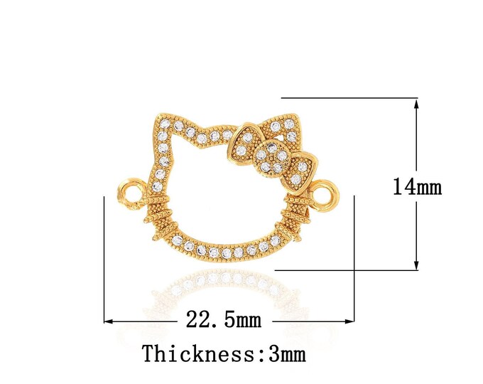 Micropavé CZ Cat Connectors, 18k Gold Filled Pet Connectors, Cat Head Connectors, Hollow Jewelry, DIY Jewelry Supplies 14x22.5x3mm