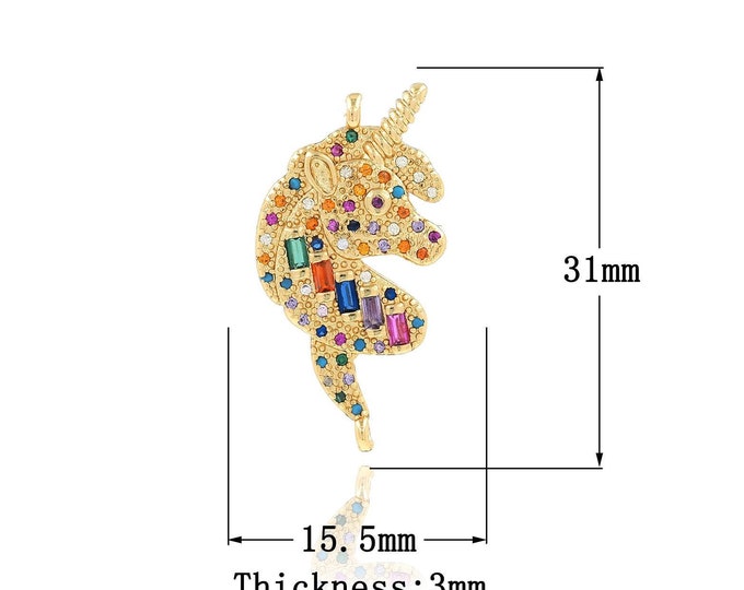 18K Gold Filled Unicorn Connector, Micropavé CZ Animal Connector, Unicorn Head Connector, Horse Connector, DIY Jewelry Supplies 15.5x31x3mm