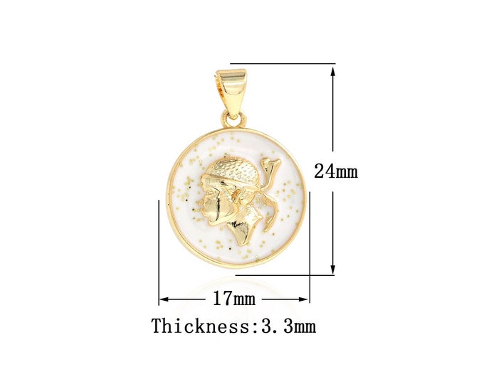 18K Gold Filled Figure Pendant, Coin Necklace, Figure Charm,Enamel Round Pendant, Coin Pendant, DIY Jewelry Supplies, 24x17x3.3mm