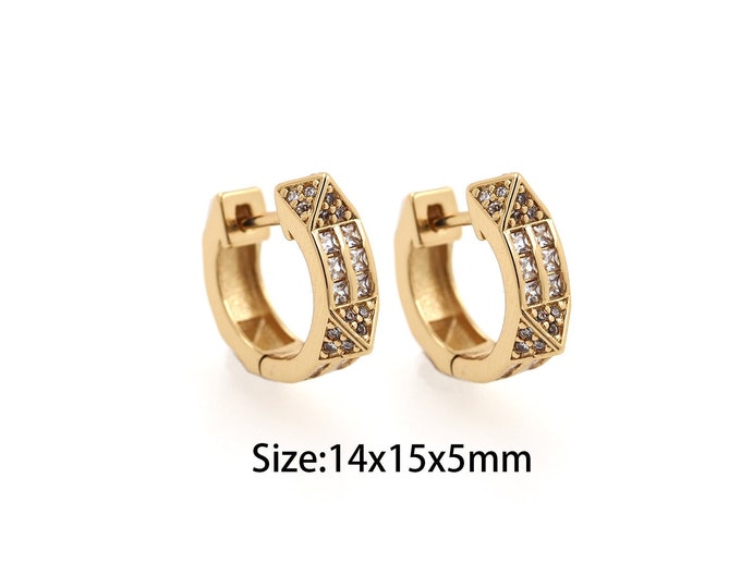 1Pair 18K Gold Filled Diamond Hoop Earrings, MicroPave CZ Earrings Round Double-Sided Diamond Cartilage Earrings 14x15x5mm