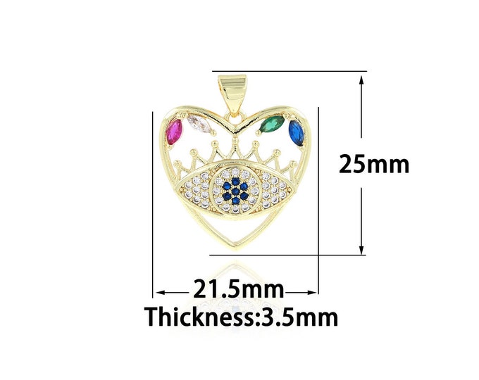 18K Gold Filled Devil Eye Pendant,Gold Dainty Crown Charms,CZ Heart Charm Bracelet Necklace for DIY Jewelry Making Supply