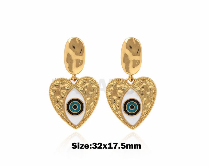 1 pair 18K Gold Filled Eye Earrings, Eye Charm,Enamel Heart Earrings, Enamel Charm, Big Earrings, Love Earrings, 32x17.5mm
