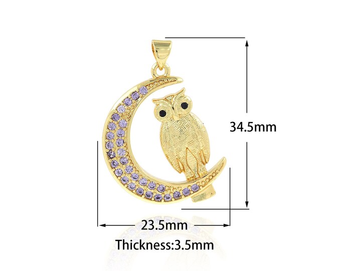 Micro Pave CZ Moon Owl Pendant,18K Gold Filled Owl Pendant,Moon Jewelry Findings DIY Jewelry Supplies,23.5x34.5x3.5mm
