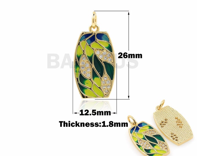 18K Gold Filled Green Enamel Pendant, Enamel Necklace, Micropave CZ Oval Pendant, Green Leaf Pendant, DIY Jewelry Accessories, 26x12.5x1.8mm
