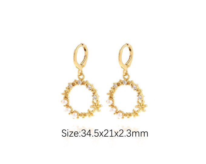 Drop Earrings, Boho Earrings, 18K Gold Filled Hoop Earrings, Micro Pave CZ Round Earrings, Pierced Earrings, Gift For Her, 34.5x21x2.3mm