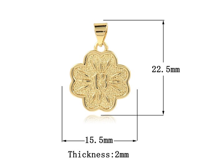 10pcs Number 13 Charm, Round Pendant, 18K Gold Filled Flower Necklace, Dainty Number Charm, DIY Jewelry Supplies, 22.5x15.5x2mm