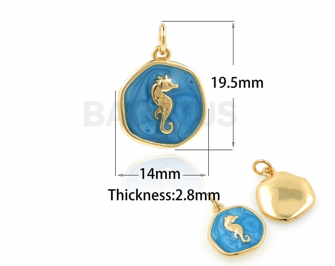 Enamel Seahorse Pendant, 18K Gold Filled Round Pendant, Seahorse Charm, Ocean Pendant, Ocean Charm, DIY Jewelry Accessories, 19.5x14x2.8mm