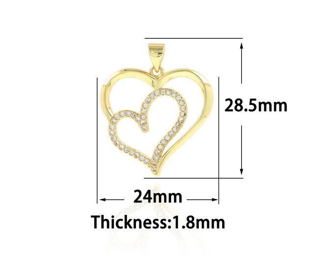 18K Gold Filled Heart Pendant,Gold Dainty Double Heart Charms,CZ Heart  Charm Bracelet Necklace for DIY Jewelry Making Supply