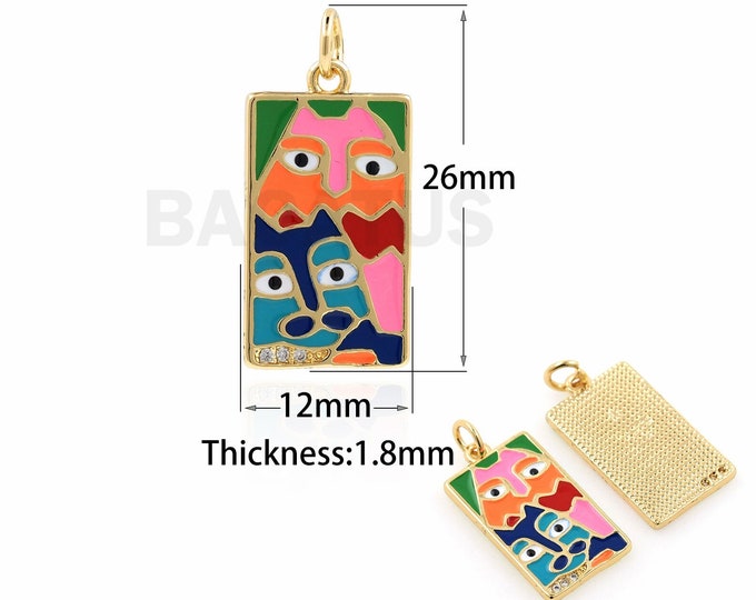 18K Gold Filled Enamel Rectangular Pendant, Cartoon Human Face Rectangular Necklace, Medal Charm, DIY Jewelry Accessories, 26x12x1.8mm