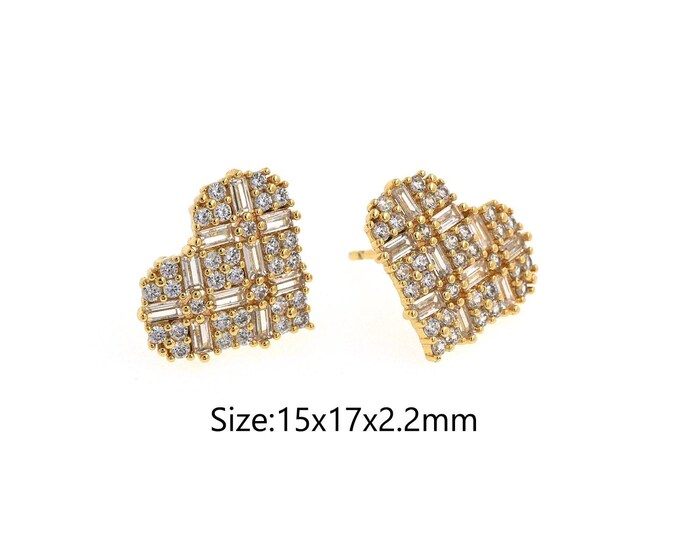 18K Gold Filled Heart Stud Earrings,Gold Heart Stud Earrings,Micropavé CZ Heart Stud Earrings,Gift for Her,15x17x2.2mm