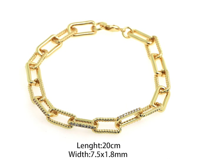 18K Gold Filled Thin Link Chain Bracelet,Paperclip Twist Chain Bracelets,Hip-Hop Style Bracelets, Gifts for Him,