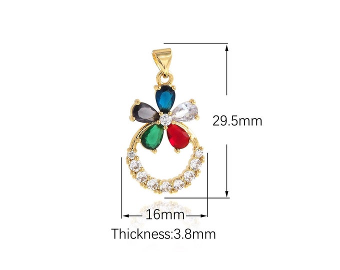 Flower Pendant, Micropavé CZ Plant Necklace, 18K Gold Filled Flower Charm, Plant Charm, DIY Jewelry Supplies,29.5x16x3.8mm