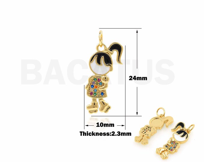 18K Gold Filled Enamel Charm, Girl Pendant, Figure Charm, Micropavé CZ Kids Necklace, Cute Girl Charm, DIY Jewelry Supplies, 24x10x2.3mm