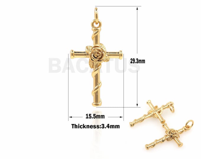 1PCS Rose Cross Pendant, Filled Gold Cross Charm, Religious Charm, Cross Necklace, Suitable For Jewelry Making Supplies 29.3x15.5x3.4mm